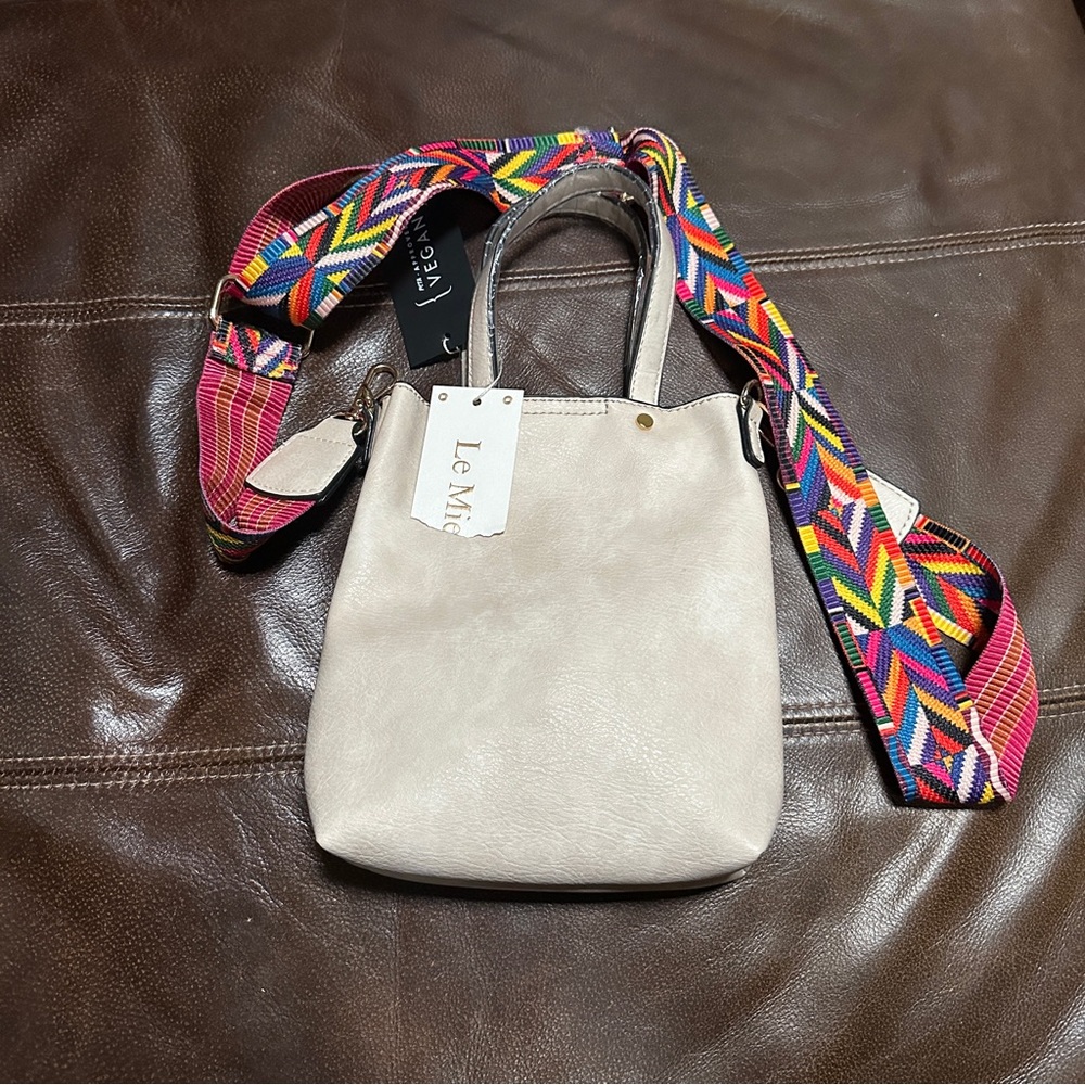 Le Miel Cream Vegan Leather Crossbody‎ Purse Mini 8"x6" BOHO chic NEW